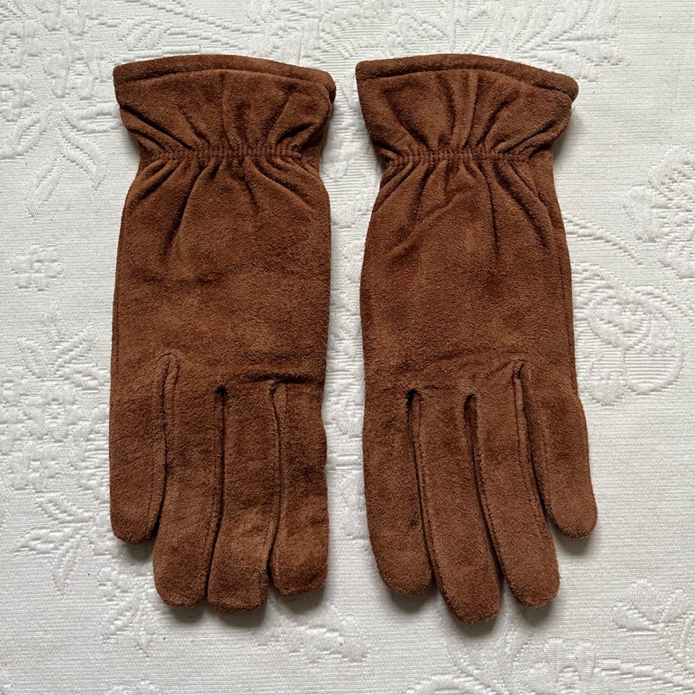 Isotoner Wonder Fit Suede Leather Gloves M Camel Brown Fleece Lined Vintage